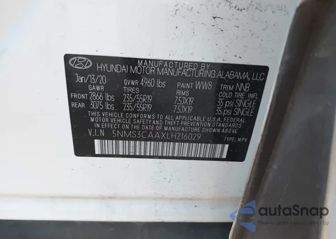 2020 Hyundai Santa Fe Sel 2.0T z USA, uszkodzony, nr VIN 5NMS3CAAXLH216029